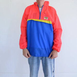 Vintage Pch Neon Orange Blue Waterproof Nylon Hooded Half Zip Windbreaker Jacket